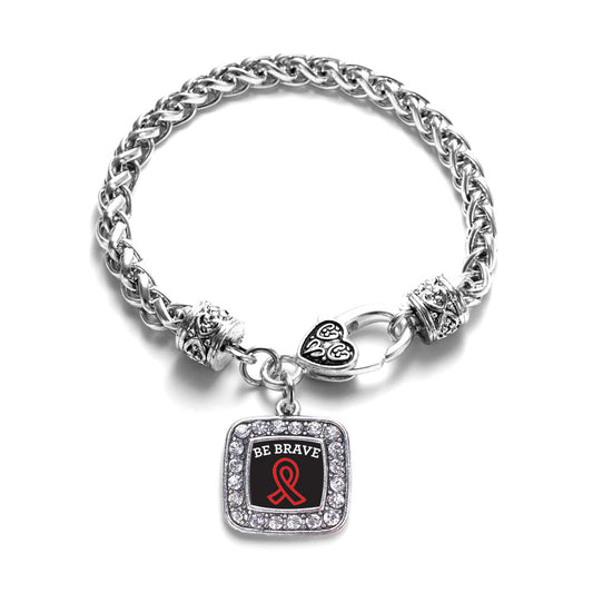 Silver Be Brave Heart Disease Awareness Square Charm Braided Bracelet