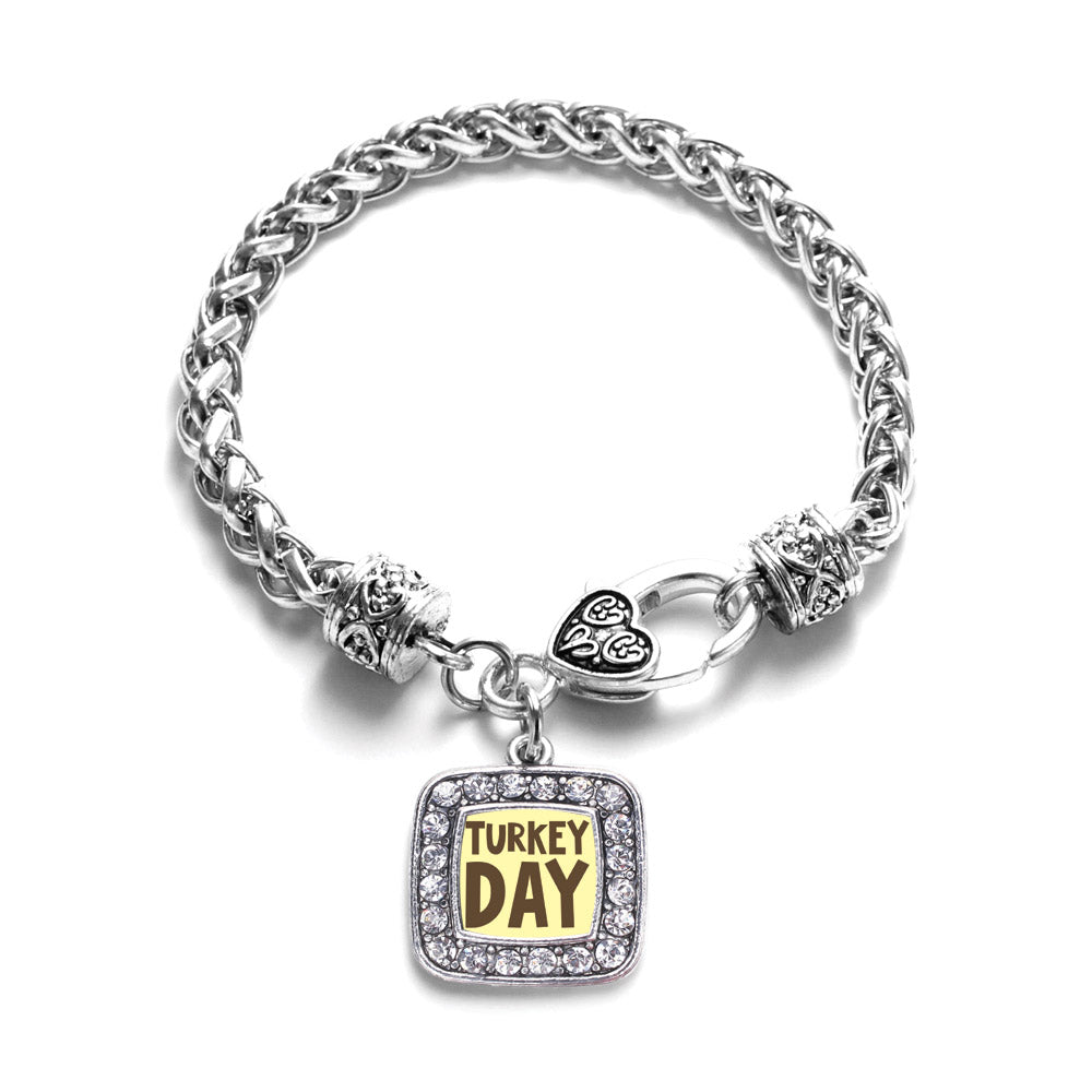 Silver Turkey Day Square Charm Braided Bracelet