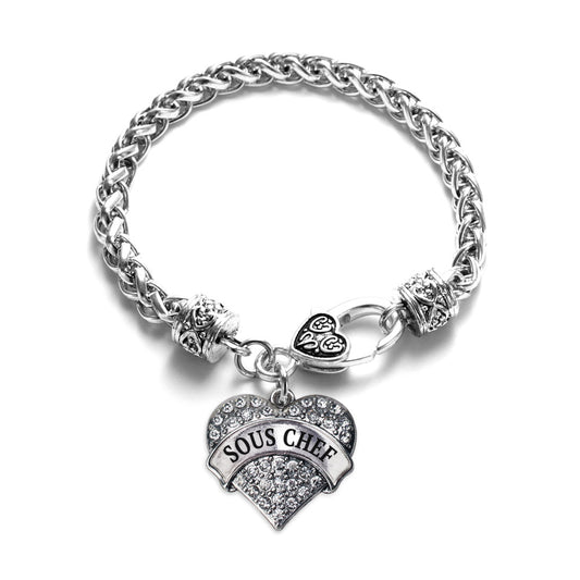 Silver Sous Chef Pave Heart Charm Braided Bracelet