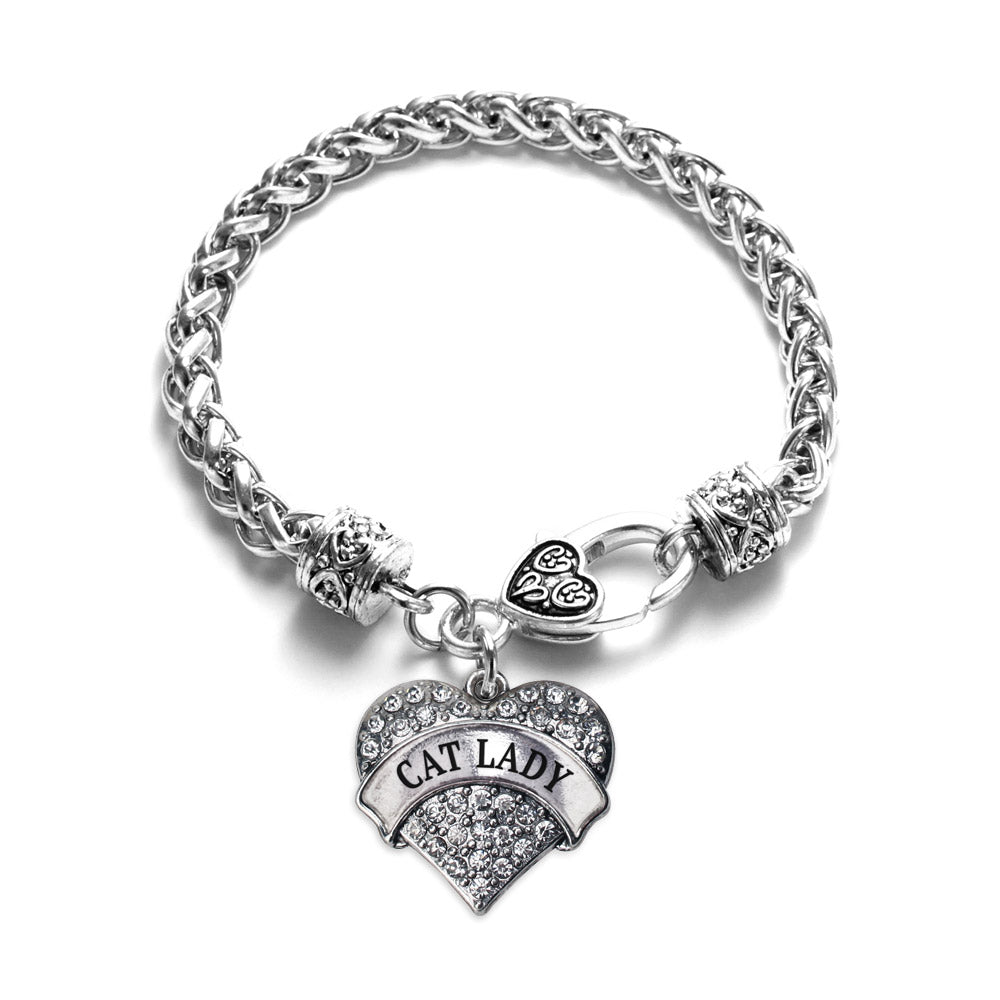 Silver Cat Lady Pave Heart Charm Braided Bracelet