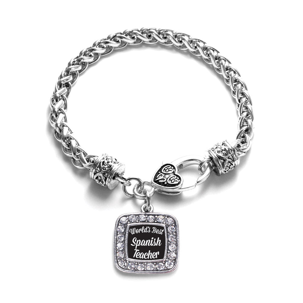 Silver World's Best Spanish Teacher Square Charm Braided Bracelet