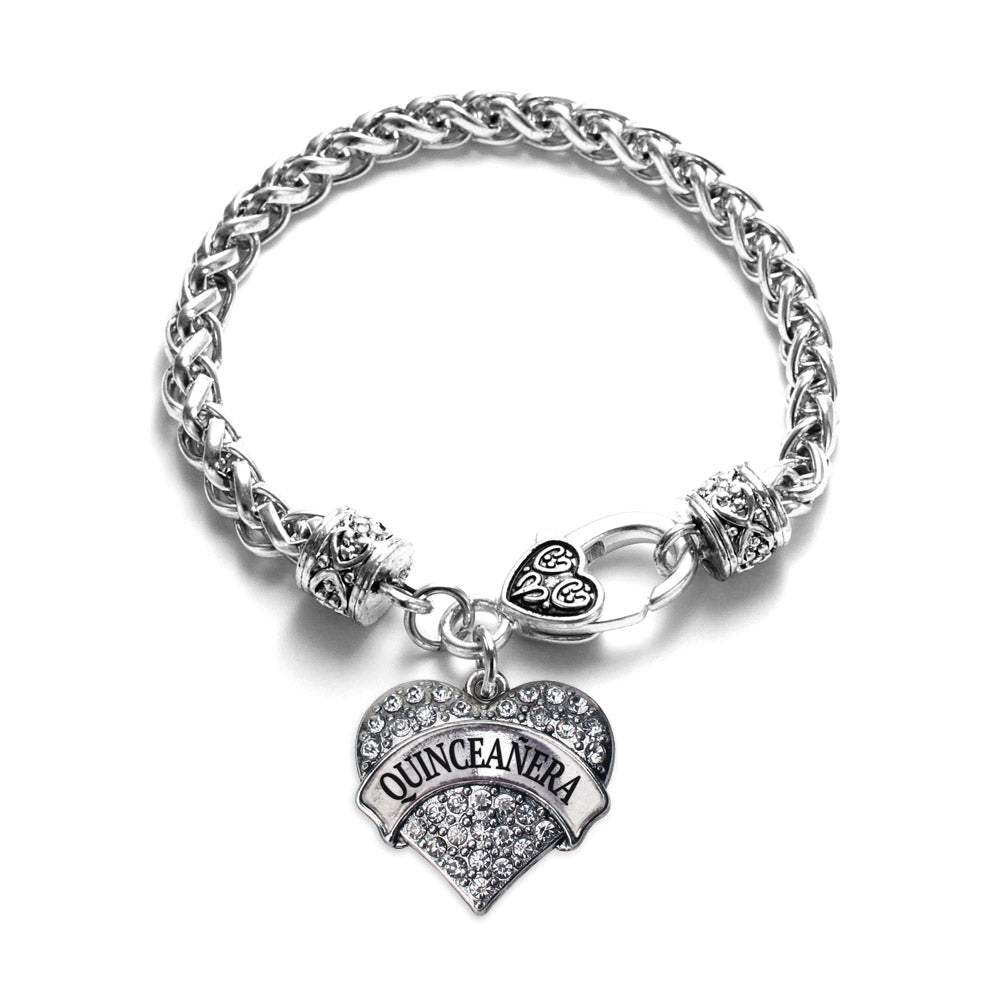 Silver Quinceanera Pave Heart Charm Braided Bracelet