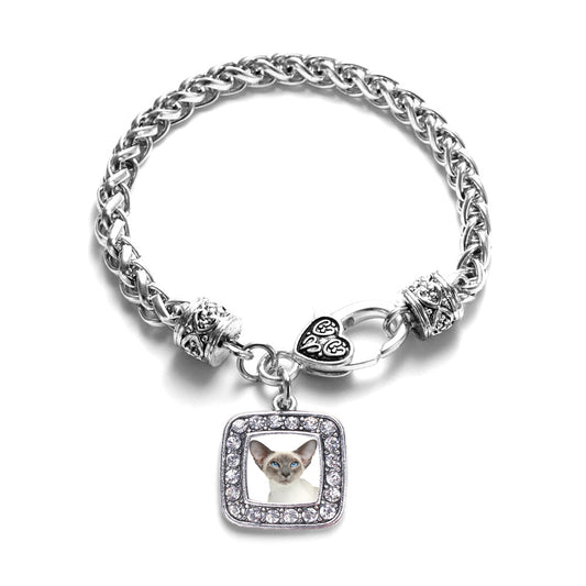 Silver Oriental Cat Square Charm Braided Bracelet