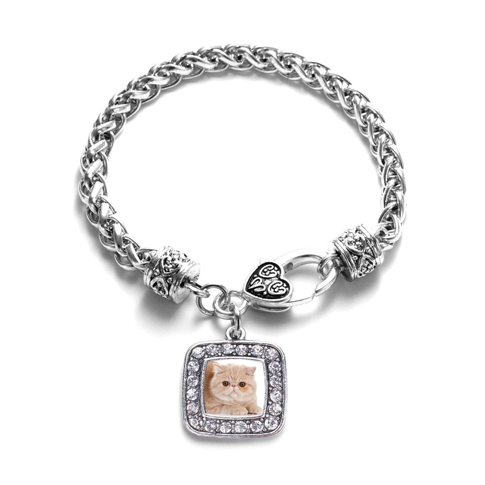 Silver Persian Cat Square Charm Braided Bracelet