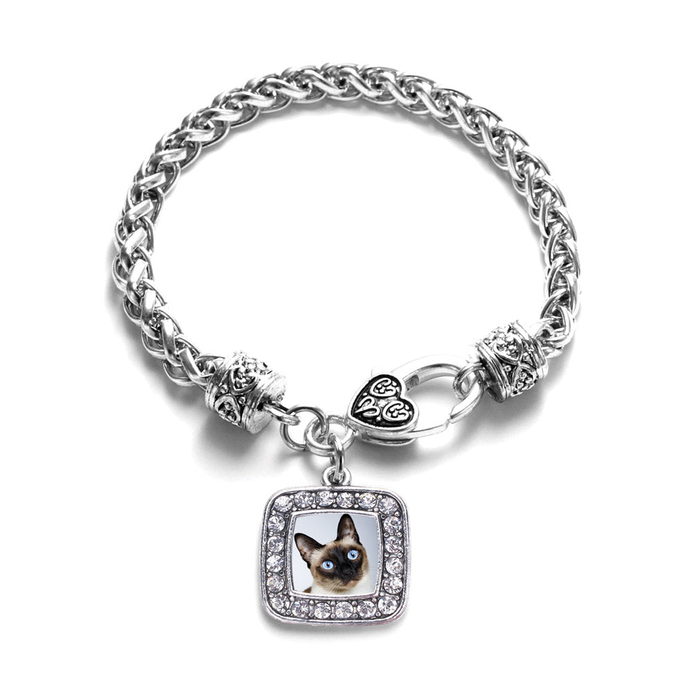 Silver Siamese Cat Square Charm Braided Bracelet