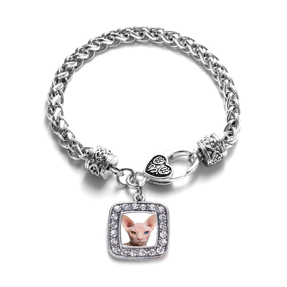 Silver Sphinx Cat Square Charm Braided Bracelet