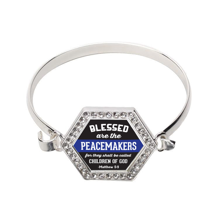 Silver Blue Peacemakers Hexagon Charm Bangle Bracelet