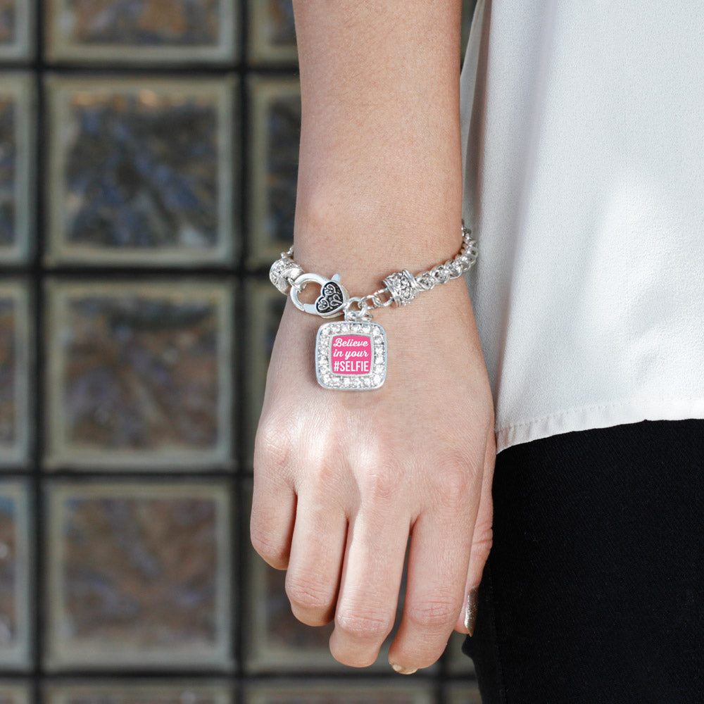 Silver Believe in your #SELFIE Square Charm Braided Bracelet