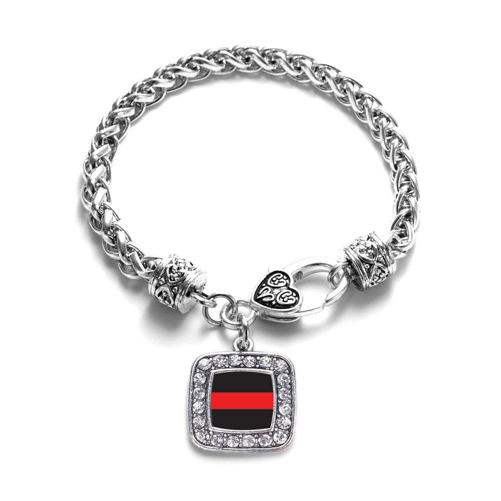 Silver Thin Red Line Fire Department Support Square Charm Braided Bracelet