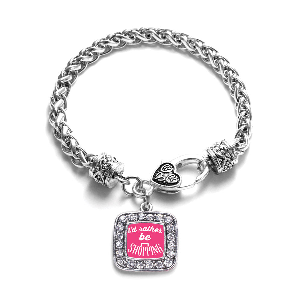 Silver I'd Rather Be Shopping Square Charm Braided Bracelet
