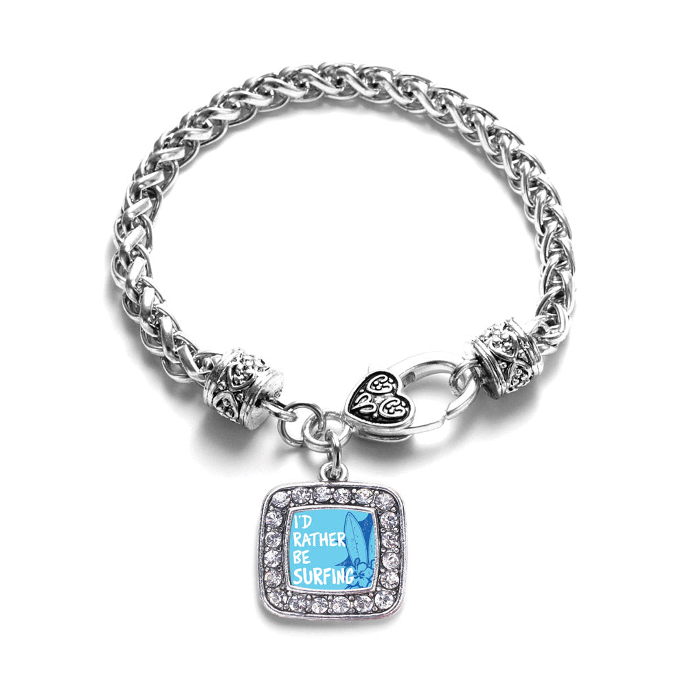 Silver I'd Rather Be Surfing Square Charm Braided Bracelet