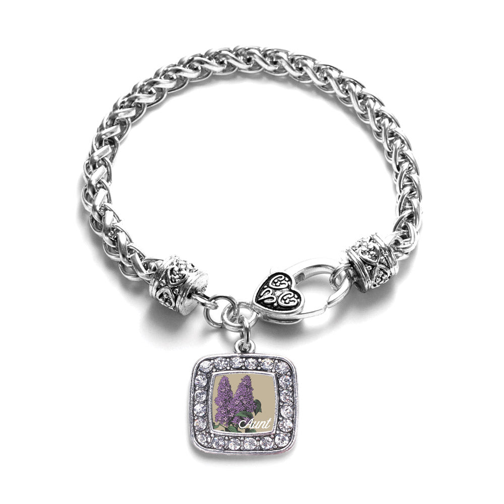Silver Aunt Lilac Flower Square Charm Braided Bracelet