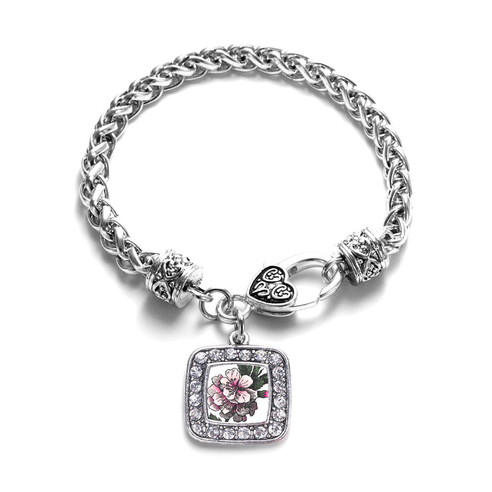 Silver Apple Blossom Square Charm Braided Bracelet