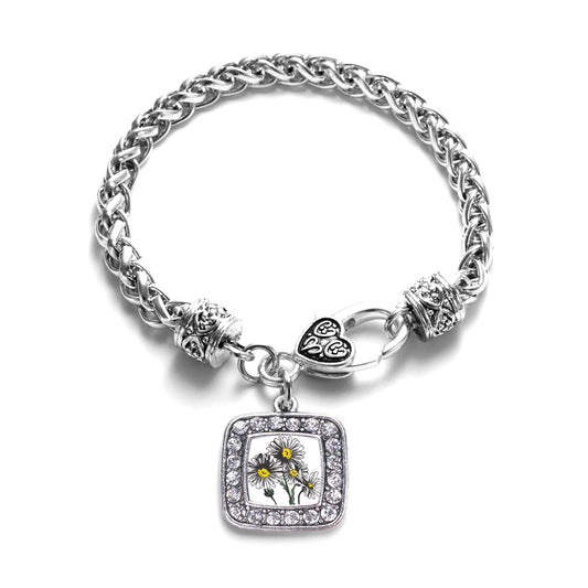 Silver Daisy Flower Square Charm Braided Bracelet