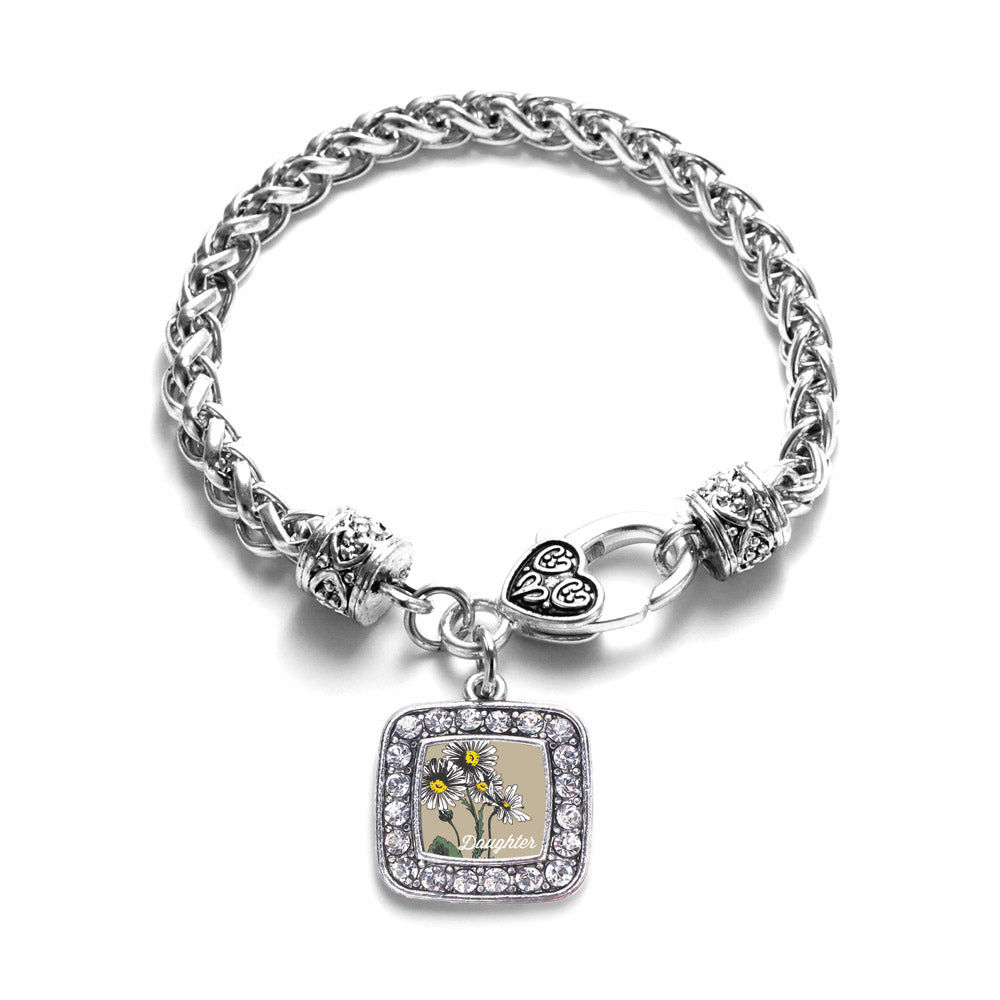Silver Daughter Daisy Flower Square Charm Braided Bracelet