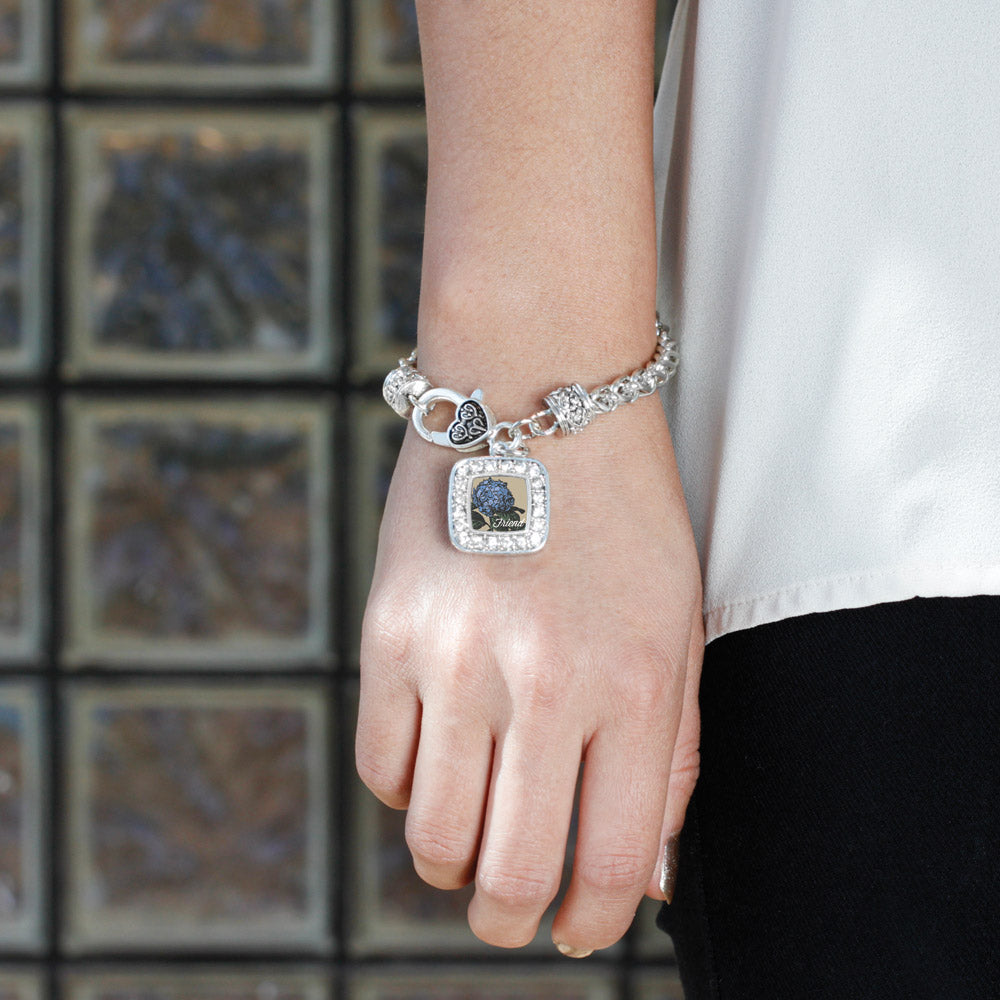 Silver Friend Hydrangea Flower Square Charm Braided Bracelet