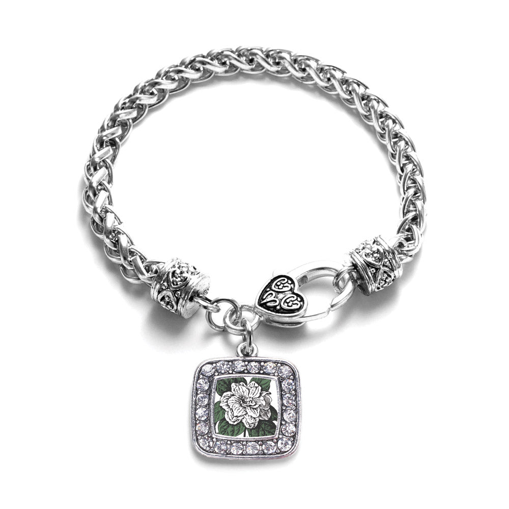 Silver Gardenia Flower Square Charm Braided Bracelet