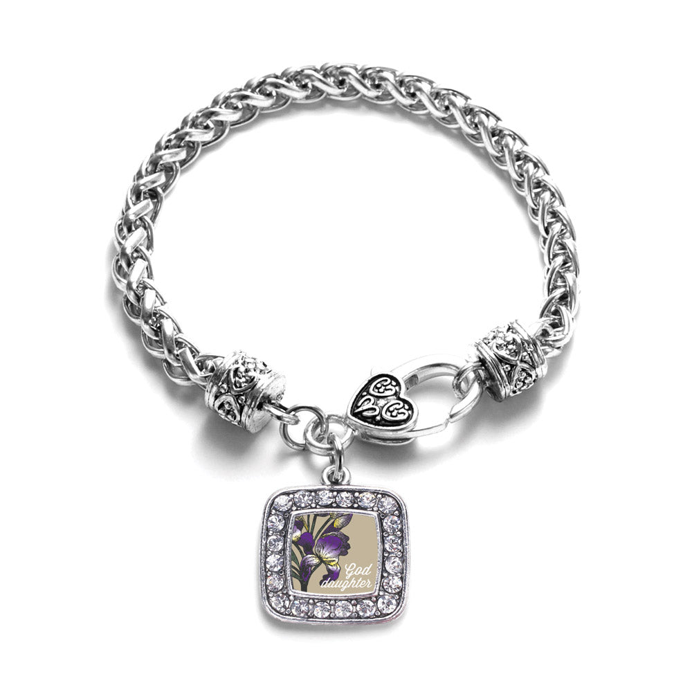 Silver God Daughter Iris Flower Square Charm Braided Bracelet