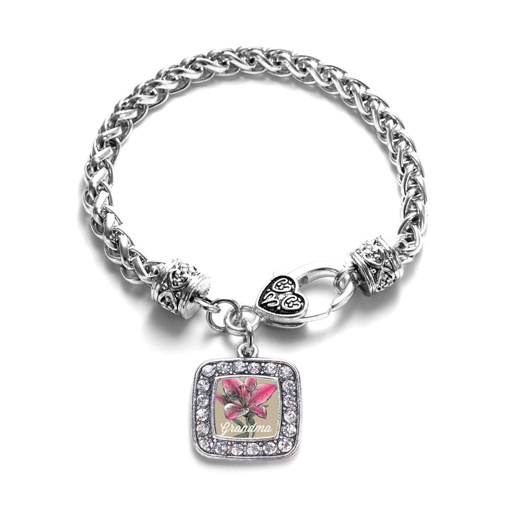 Silver Grandma Lily Flower Square Charm Braided Bracelet