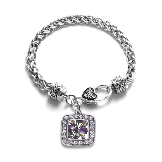 Silver Iris Flower Square Charm Braided Bracelet