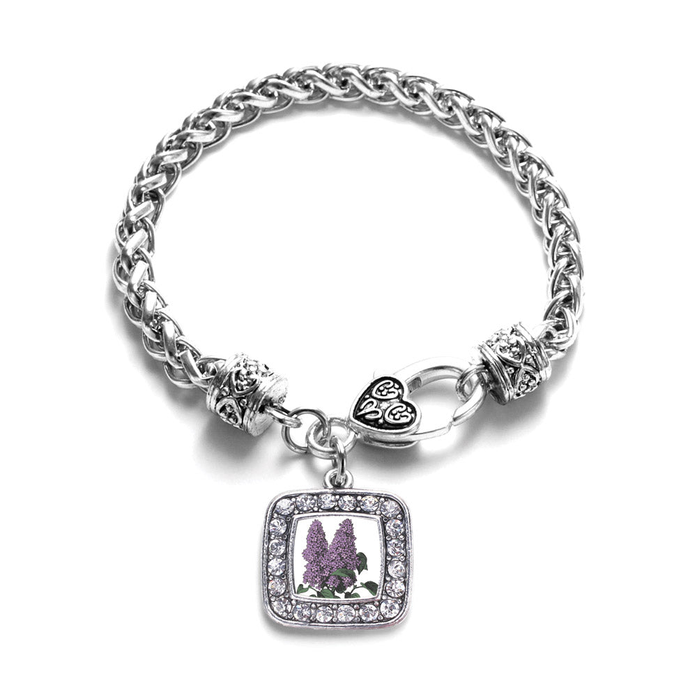 Silver Lilac Flower Square Charm Braided Bracelet