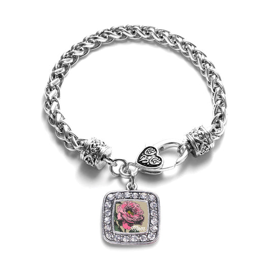 Silver Mom Peony Flower Square Charm Braided Bracelet