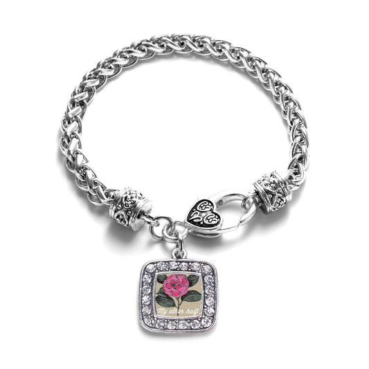 Silver My Other Half Camellia Flower Square Charm Braided Bracelet