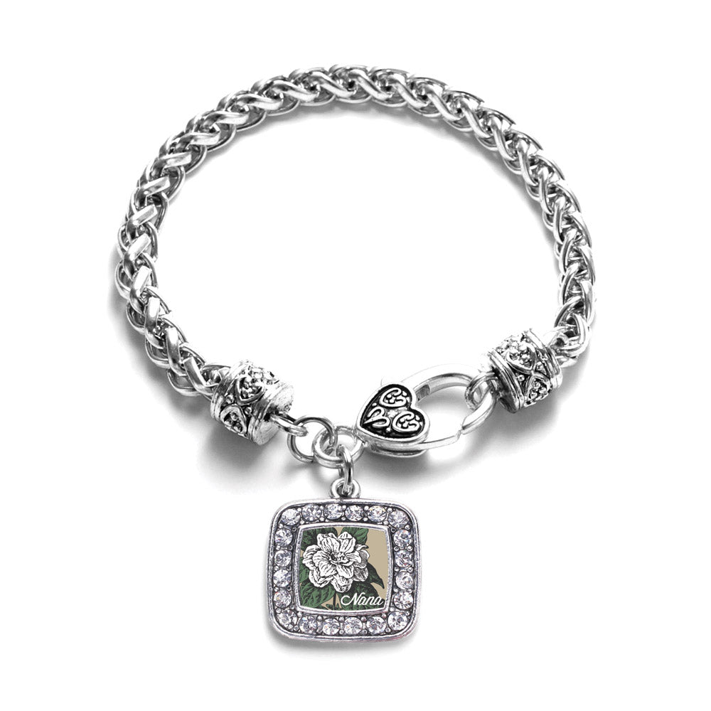 Silver Nana Gardenia Flower Square Charm Braided Bracelet