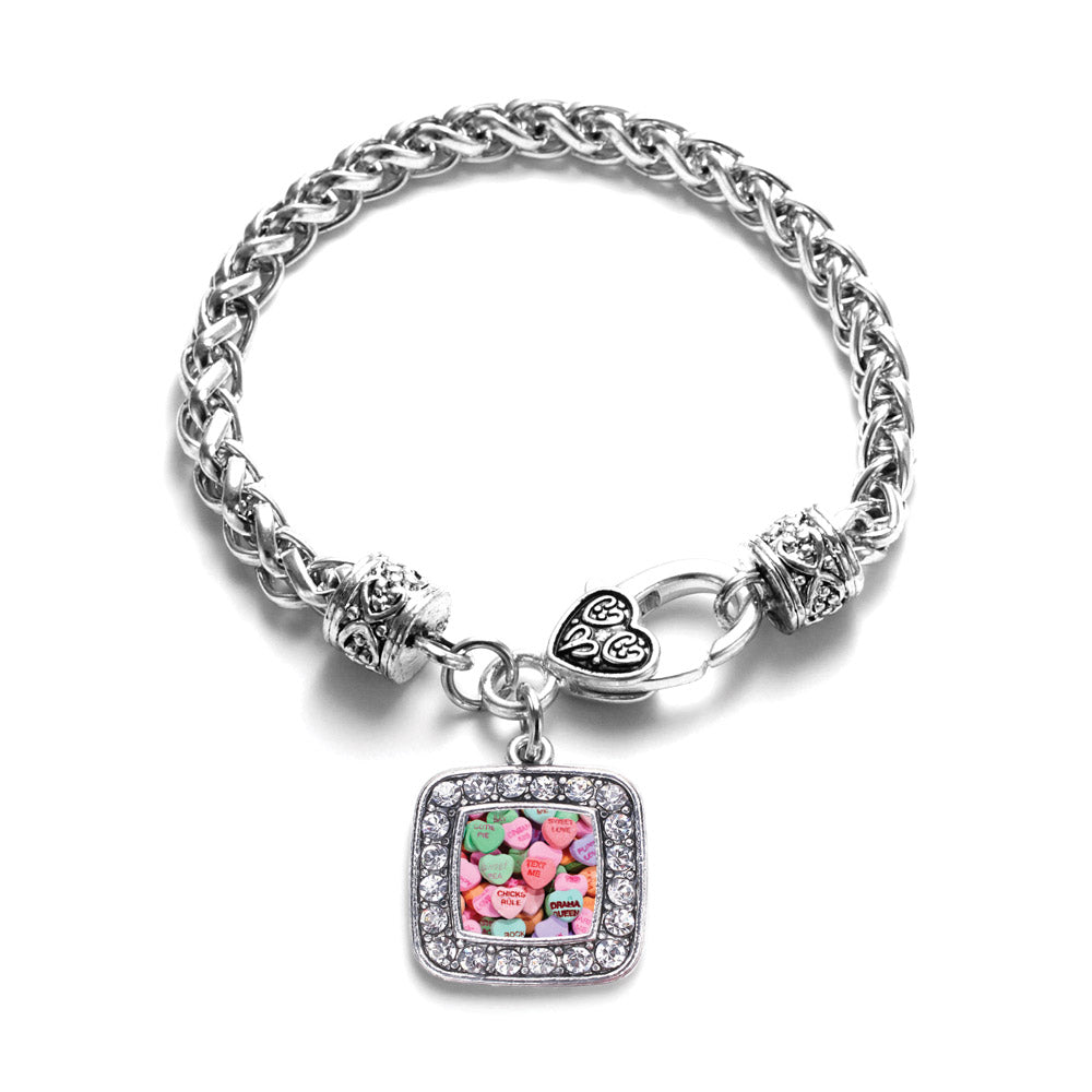 Silver Candy Hearts Square Charm Braided Bracelet