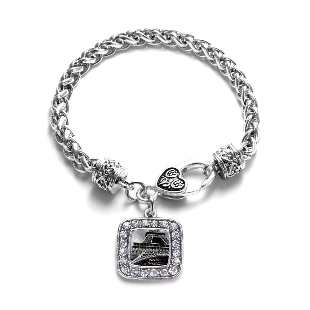 Silver Black and Grey Eiffel Tower Square Charm Braided Bracelet