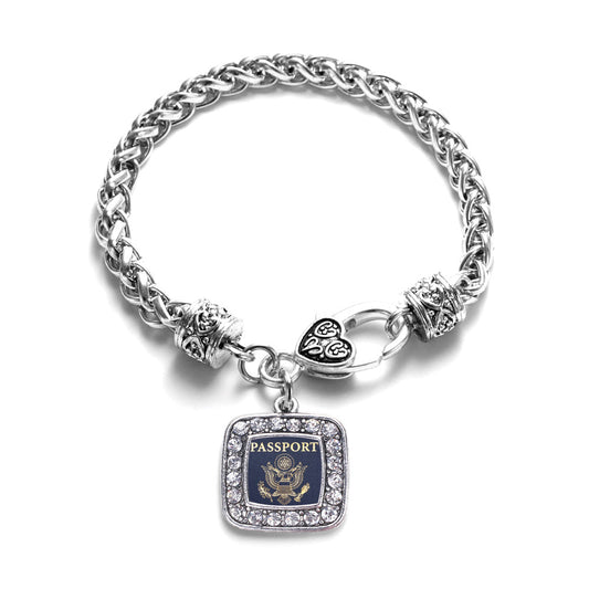 Silver Passport Square Charm Braided Bracelet