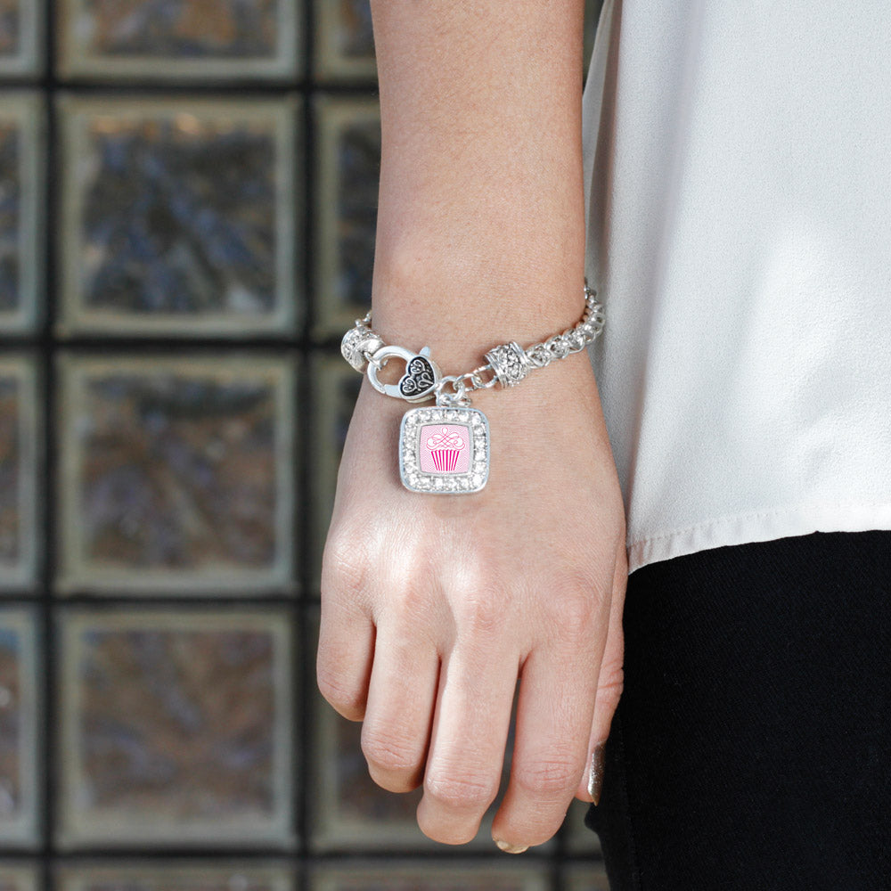 Silver Pink Chevron Cupcake Square Charm Braided Bracelet