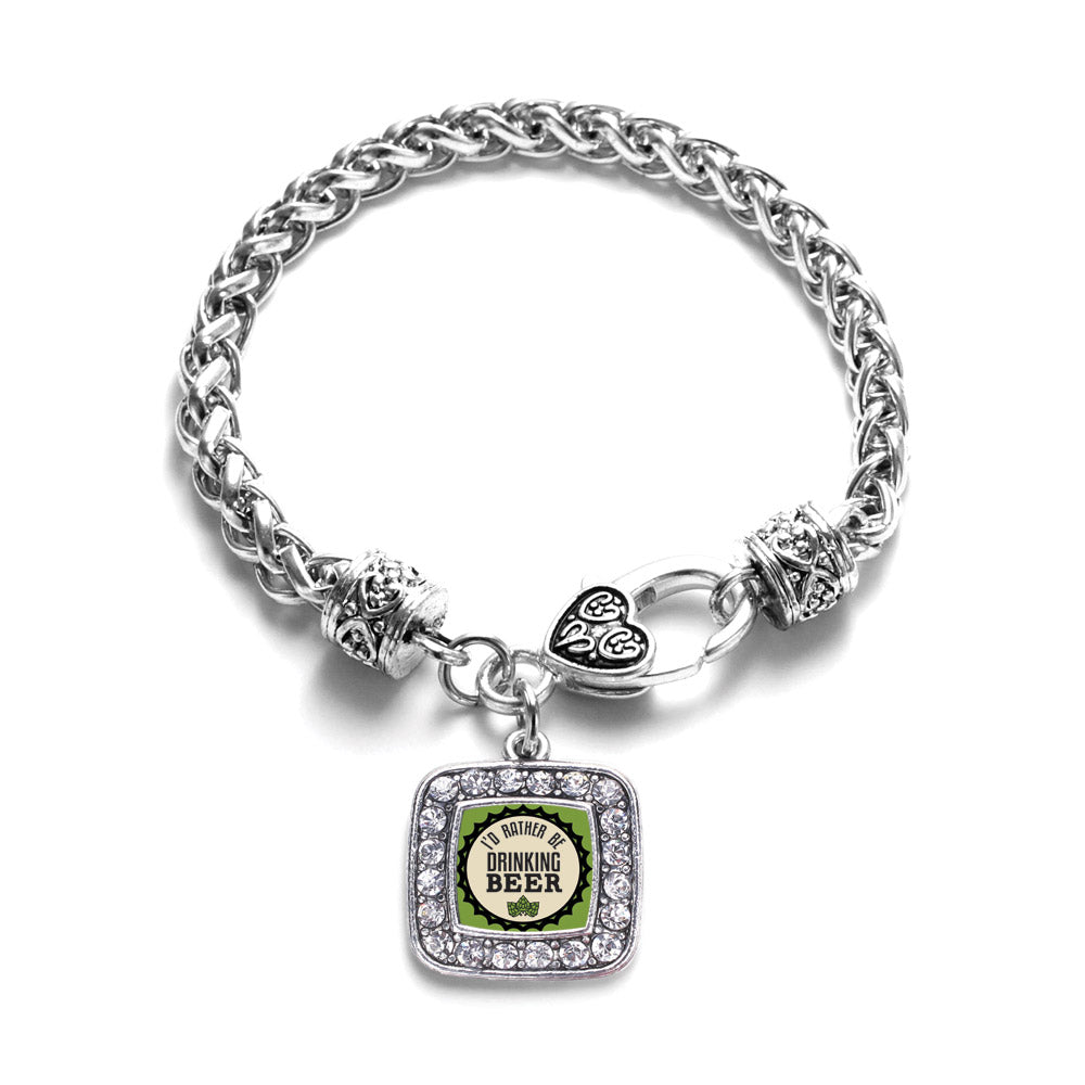 Silver I'd Rather Be Drinking Beer Square Charm Braided Bracelet
