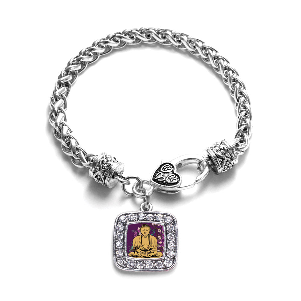 Silver Buddha And Cherry Blossoms Square Charm Braided Bracelet