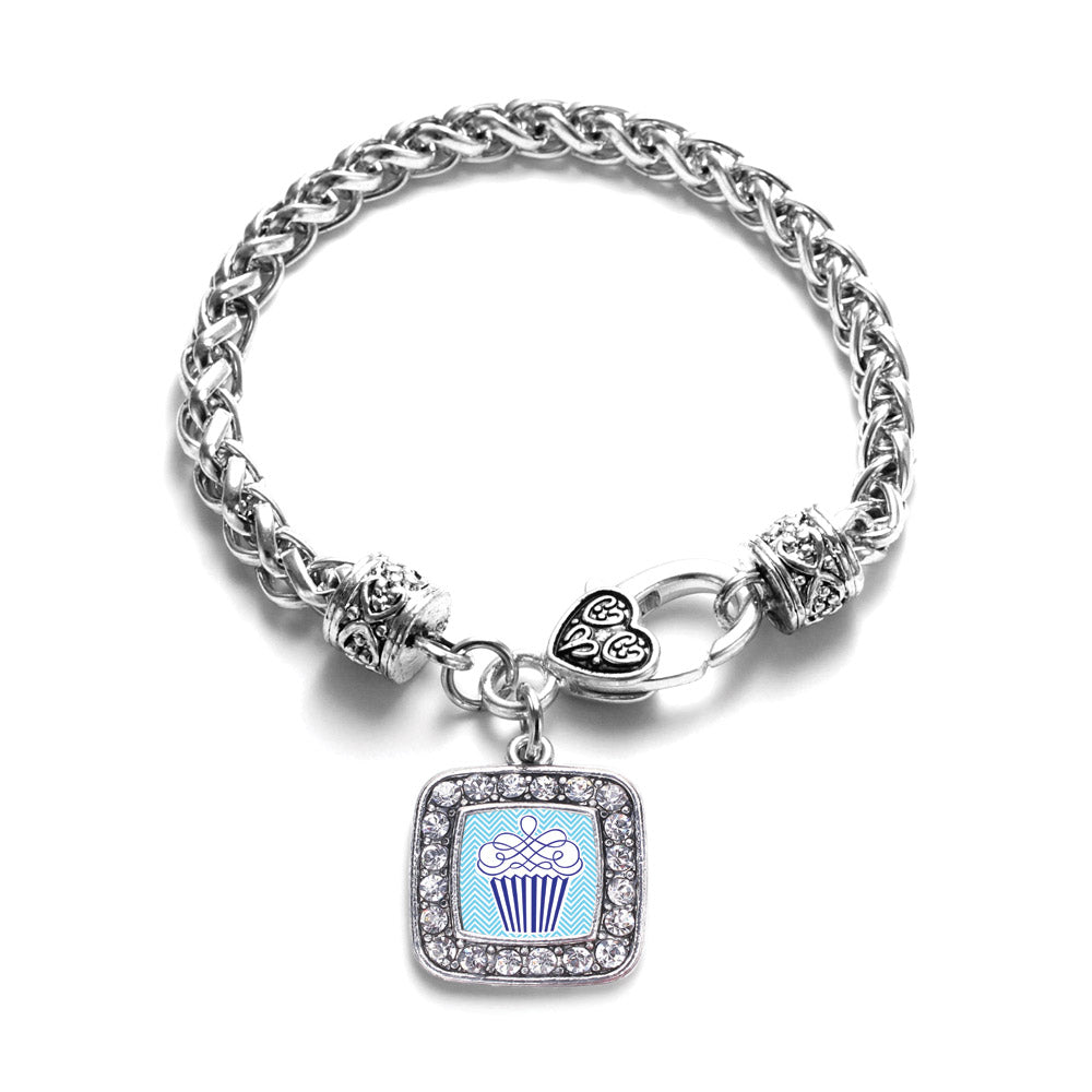 Silver Blue Chevron Cupcake Square Charm Braided Bracelet