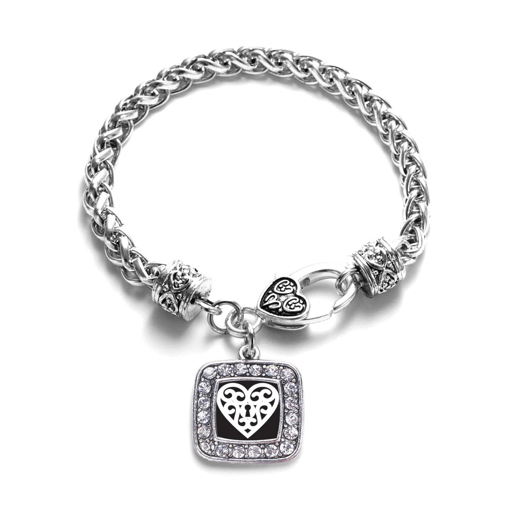 Silver Heart Shaped Lock Square Charm Braided Bracelet
