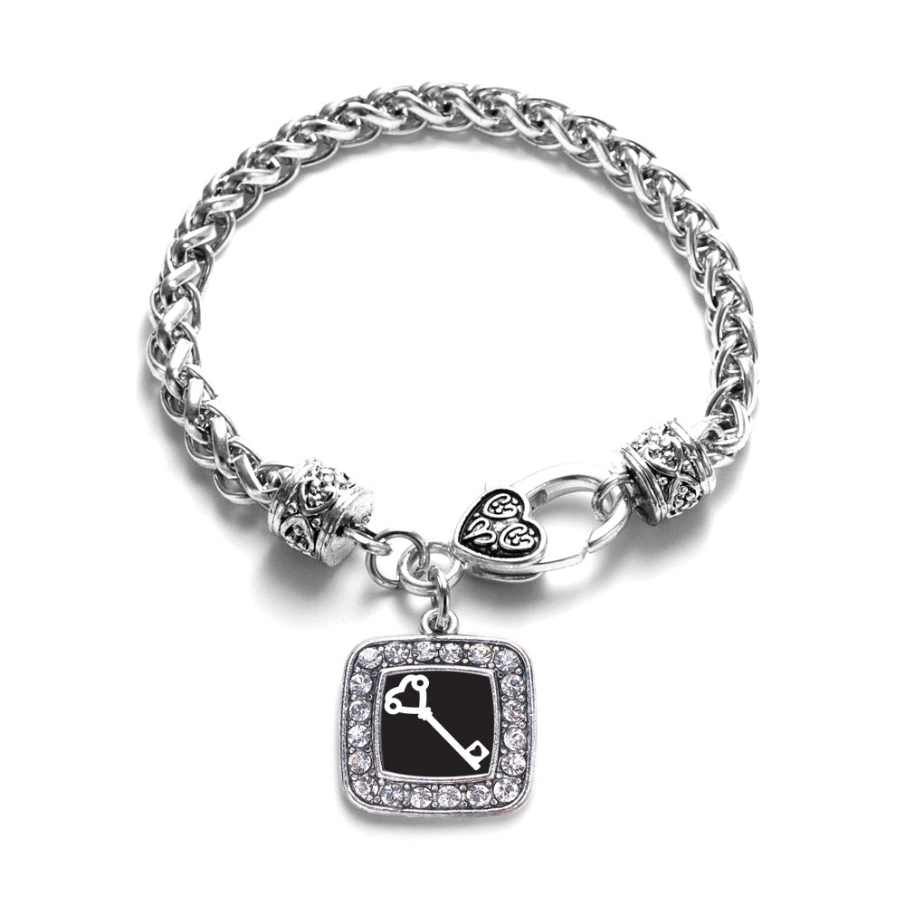 Silver Heart Shaped Key Square Charm Braided Bracelet