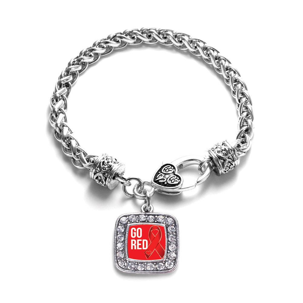Silver Go Red Heart Disease Awareness Square Charm Braided Bracelet