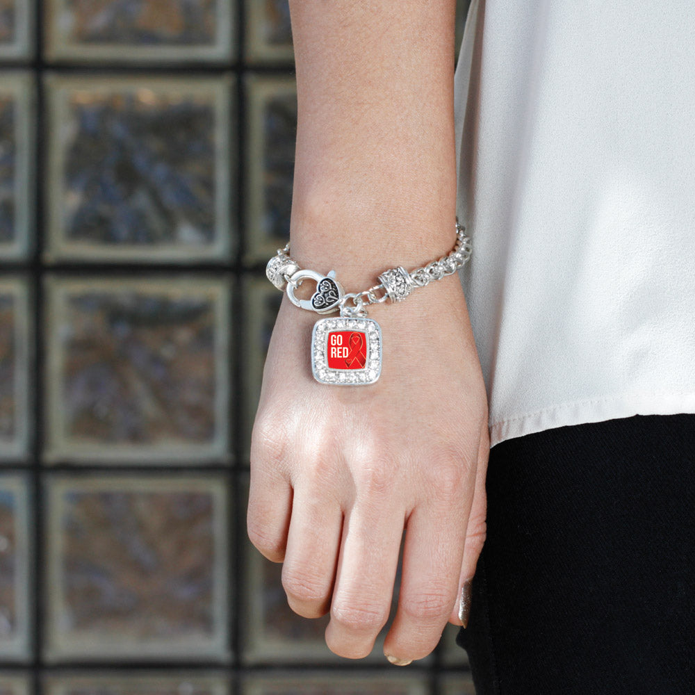 Silver Go Red Heart Disease Awareness Square Charm Braided Bracelet