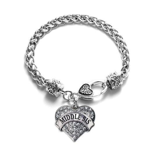 Silver Middle Sis Pave Heart Charm Braided Bracelet