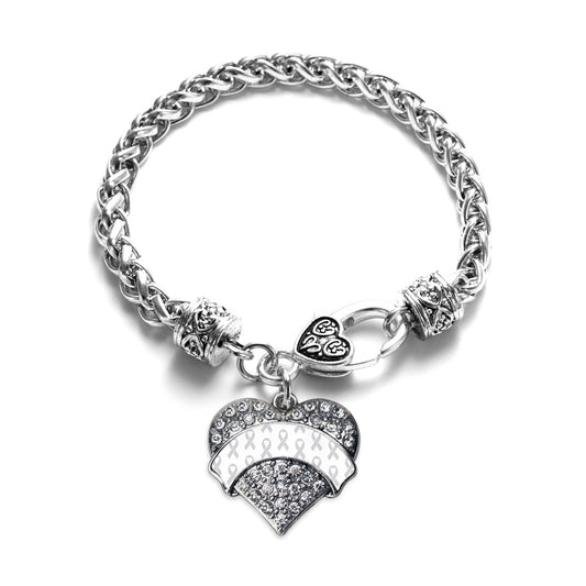 Silver White Ribbon Support Pave Heart Charm Braided Bracelet
