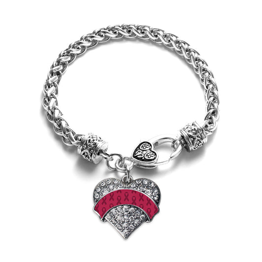 Silver Burgundy Ribbon Support Pave Heart Charm Braided Bracelet
