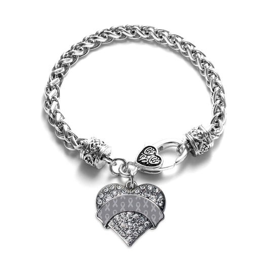 Silver Gray Ribbon Support Pave Heart Charm Braided Bracelet
