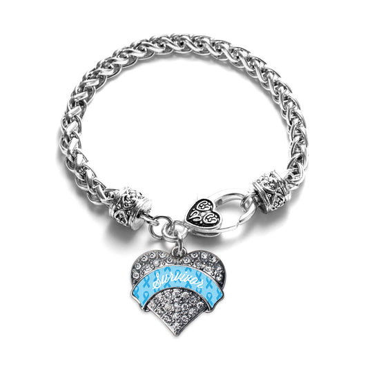 Silver Light Blue Survivor Pave Heart Charm Braided Bracelet