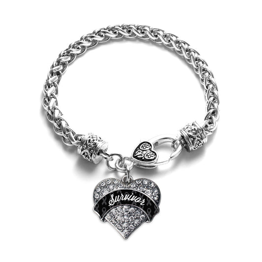 Silver Black Survivor Pave Heart Charm Braided Bracelet