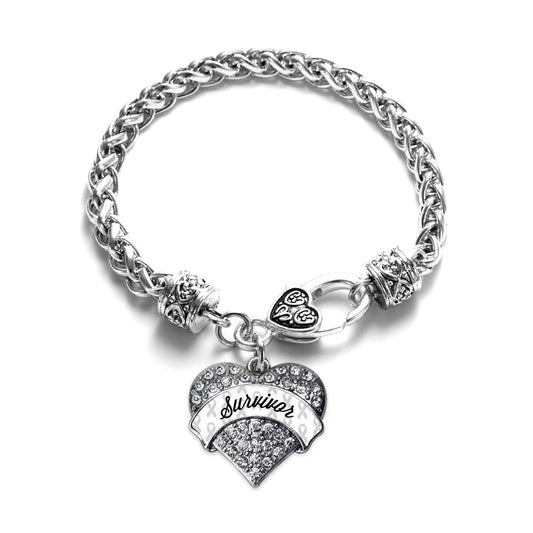Silver White Survivor Pave Heart Charm Braided Bracelet