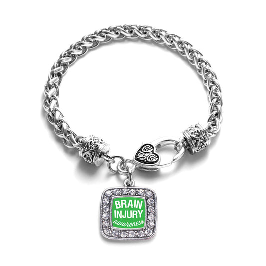 Silver Brain Injury Awareness Square Charm Braided Bracelet