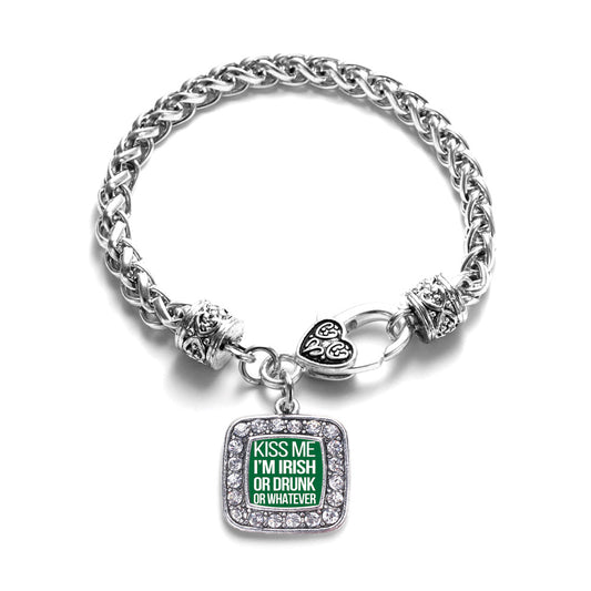 Silver Kiss Me I'm Drunk Square Charm Braided Bracelet