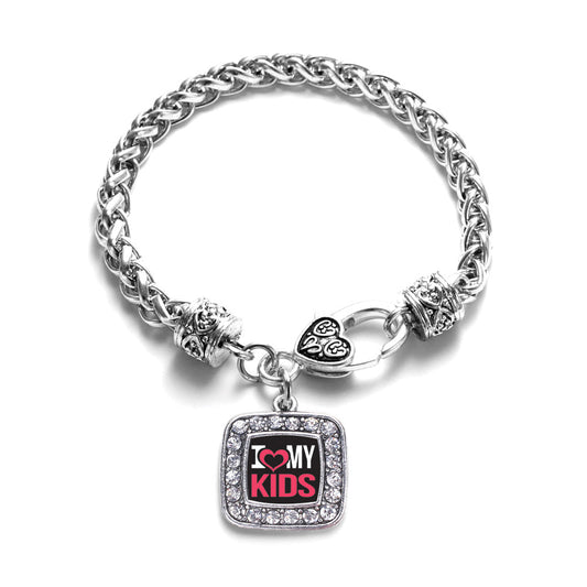 Silver I Love My Kids Square Charm Braided Bracelet