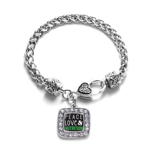 Silver Peace, Love, and Nutrition Square Charm Braided Bracelet